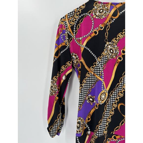 Cache Blouse Womens Medium Multicolor Chain Print Houndstooth Ruched Faux Wrap - Picture 12 of 16